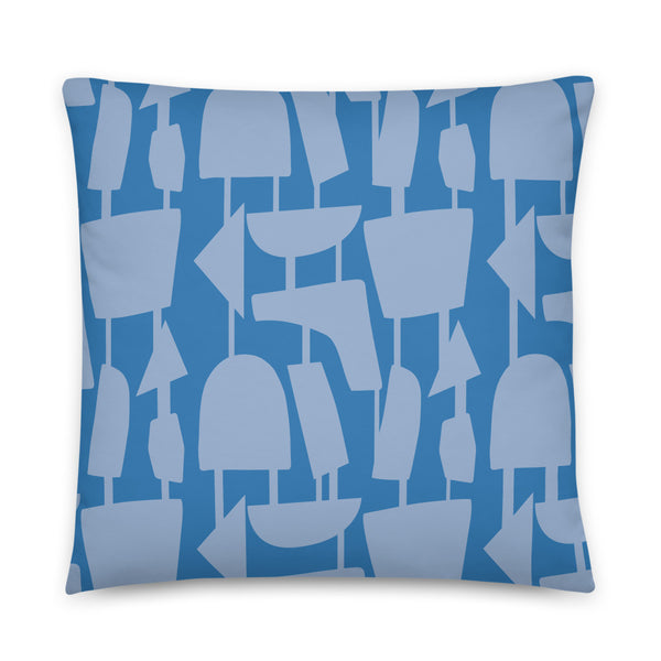 This Mid-Century Modern style sofa pillow consists of colorful geometric shapes in light Cerulean Blue, connected by narrow tentacles to form and almost hanging mobile type abstract pattern on a French Blue background