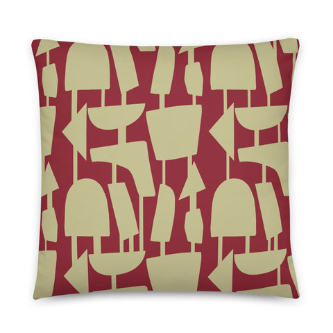 This Mid-Century Modern style sofa pillow consists of cream geometric shapes, connected by narrow tentacles to form and almost hanging mobile type abstract pattern on a vermillion red background