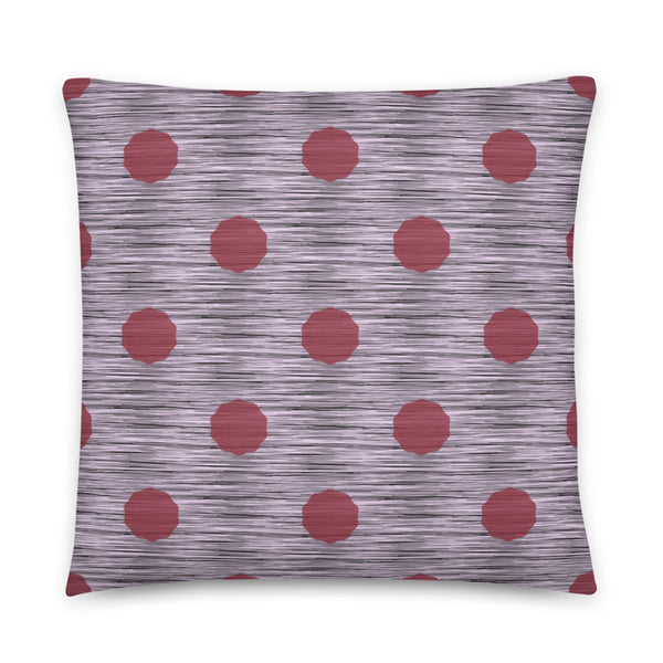 This striking Mid-Century Modern style couch pillow design consists of a series of crimson coloured irregular dot shapes against black, grey and pink crisscross design background
