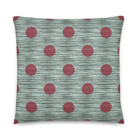 This striking Mid-Century Modern style couch pillow design consists of a series of crimson coloured irregular dot shapes against black, grey and green crisscross design background
