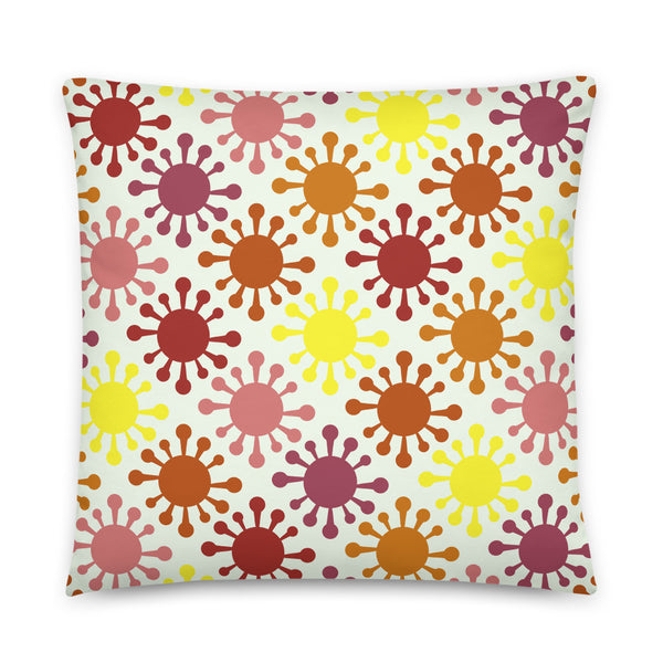 This Mid-Century Modern style sofa pillow consists of colorful virus icons in pink, yellow and orange against a light cream background