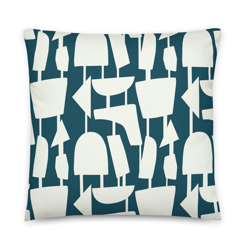 This Mid-Century Modern style scatter cushion consists of pale cream geometric shapes, connected by narrow tentacles to form and almost hanging mobile type abstract pattern on a blue teal background