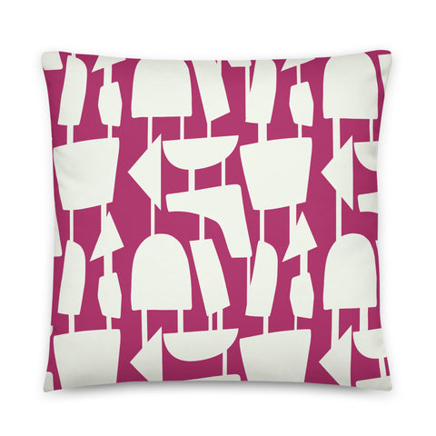 This Mid-Century Modern style sofa pillow consists of pale cream geometric shapes, connected by narrow tentacles to form and almost hanging mobile type abstract pattern on a magenta purple background