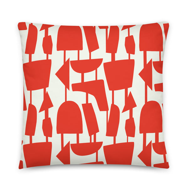 This Mid-Century Modern style scatter cushion consists of deep orange geometric shapes, connected by narrow tentacles to form and almost hanging mobile type abstract pattern on a pale cream background