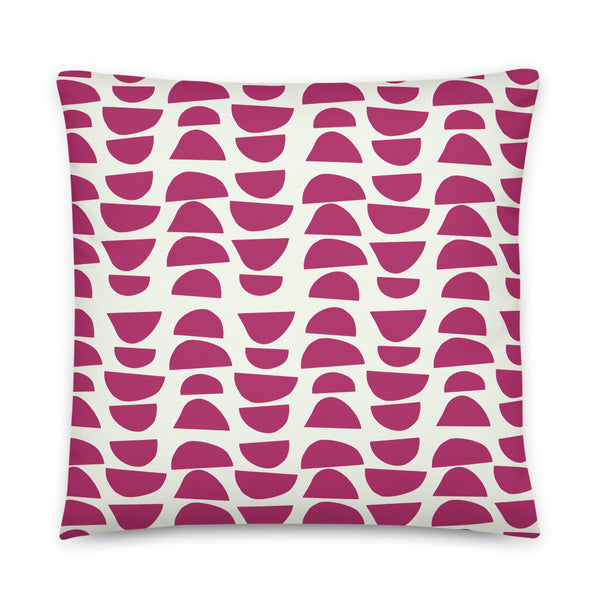 This classic patterned retro style scatter cushion design has stacked abstract shapes in a vibrant magenta purple, alternating in reverse against a gorgeous pale cream background.