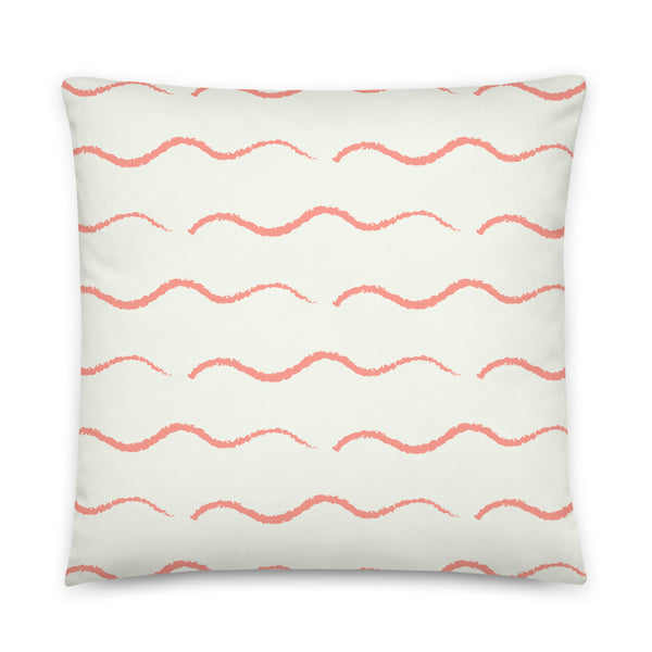 This Mid-Century Modern style couch pillow design consists of a series of horizontal salmon pink wave shapes against a pale cream background.