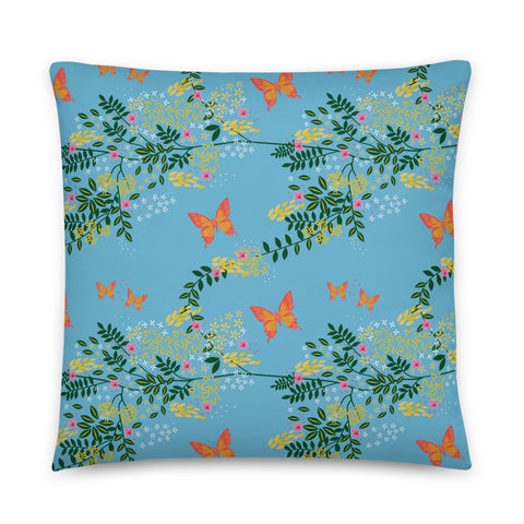Cottagecore themed vintage style patterned cushion or pillow in butterfly woodland theme on a pale blue background by BillingtonPix