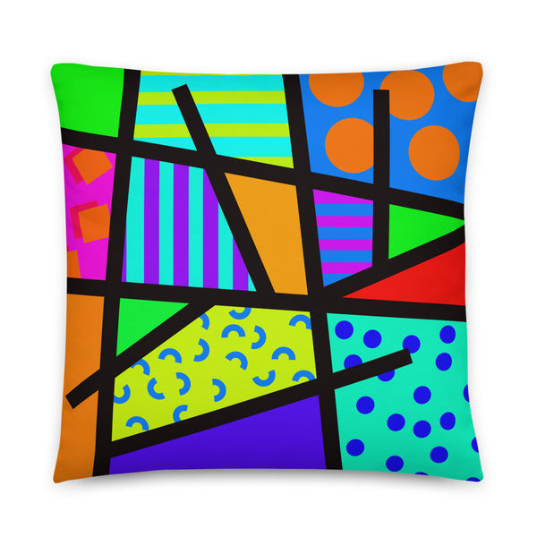 80s Memphis retro style design in tones of orange, blue, green, mint, yellow and pink on this bright and bold patterned sofa cushion throw pillow by BillingtonPix
