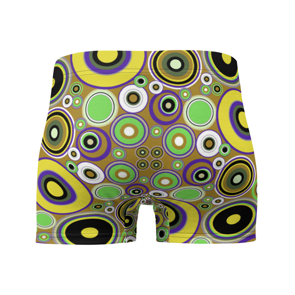 Luxury feel 60s mid-century modern retro style boxer briefs with a psychedelic groovy yellow and green tones abstract circular shapes pattern design by BillingtonPix