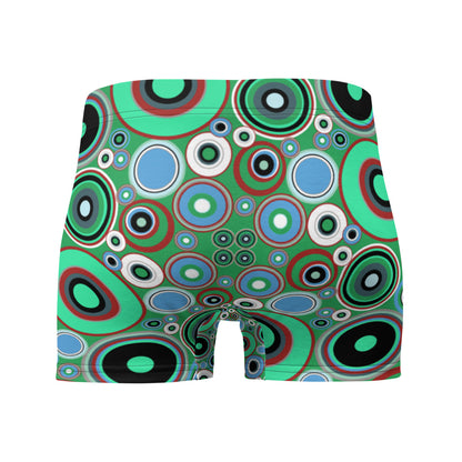 Luxury feel 60s mid-century modern retro style boxer briefs with a psychedelic groovy green and blue tones abstract circular shapes pattern design by BillingtonPix