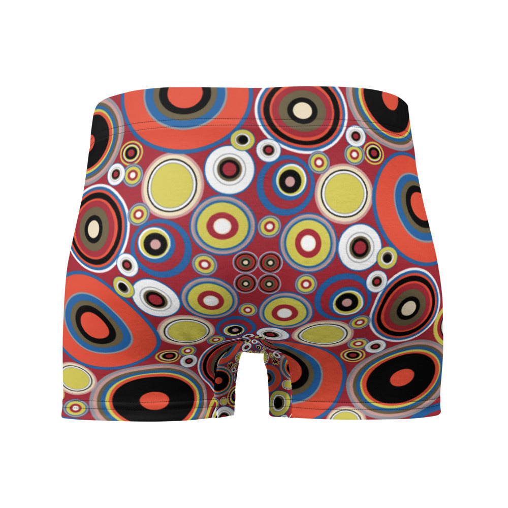 Luxury feel 60s mid-century modern retro style boxer briefs with a psychedelic groovy orange and yellow tones abstract circular shapes pattern design by BillingtonPix