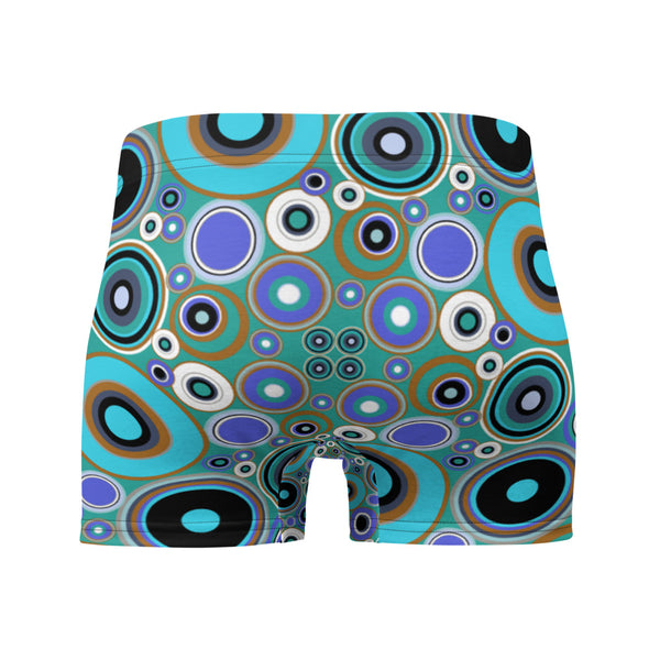 Luxury feel 60s mid-century modern retro style boxer briefs with a psychedelic groovy blue and taupe tones abstract circular shapes pattern design by BillingtonPix
