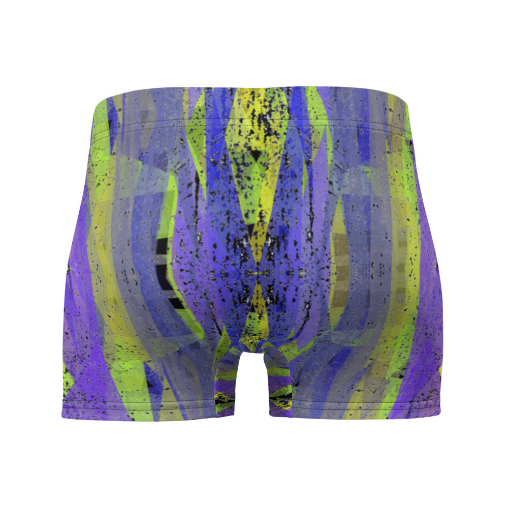 Luxury feel Navy Contemporary Retro Victorian Style Geometric Patterned male boxers with a groovy psychedelic navy, purple and yellow tones in the abstract surface pattern design by BillingtonPix