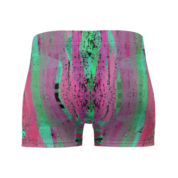 Luxury feel Crimson Contemporary Retro Victorian Style Geometric Patterned male boxers with a groovy psychedelic crimson, pink and green tones in the abstract surface pattern design by BillingtonPix