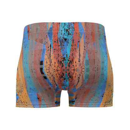 Luxury feel Orange Contemporary Retro Victorian Style Geometric Patterned male boxers with a groovy psychedelic orange, blue and taupe tones in the abstract surface pattern design by BillingtonPix