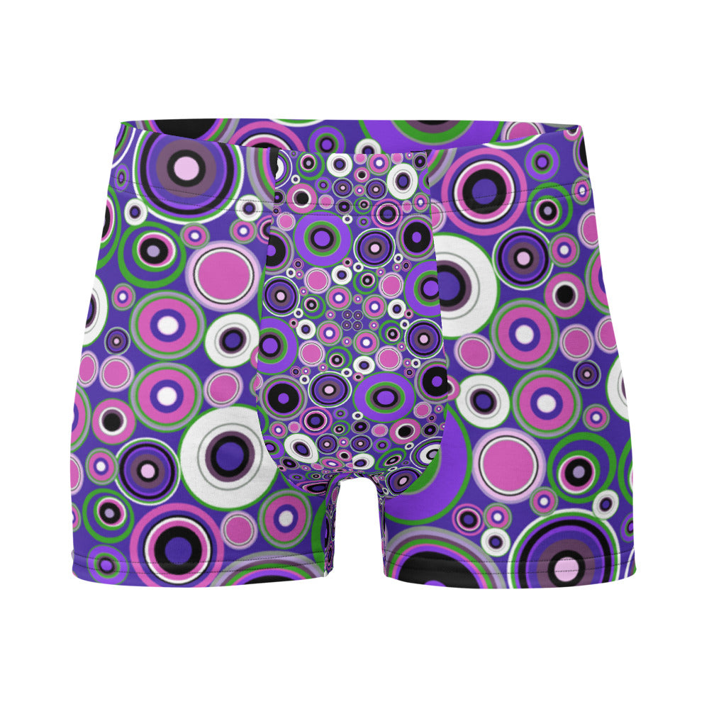 Luxury feel 60s mid-century modern retro style boxer briefs with a purple tones abstract circular shapes pattern design by BillingtonPix