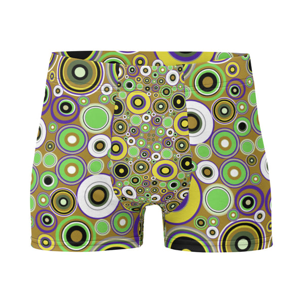 Luxury feel 60s mid-century modern retro style boxer briefs with a psychedelic groovy yellow and green tones abstract circular shapes pattern design by BillingtonPix