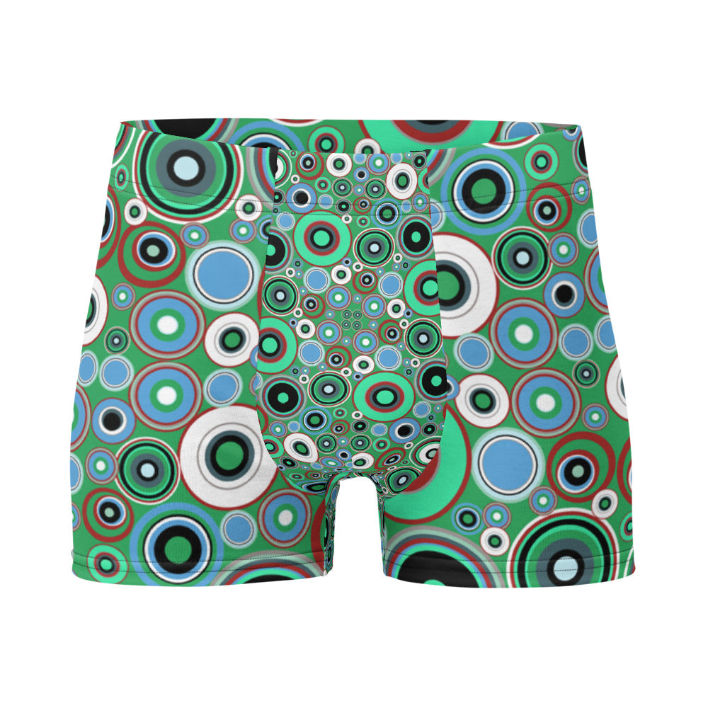 Luxury feel 60s mid-century modern retro style boxer briefs with a psychedelic groovy green and blue tones abstract circular shapes pattern design by BillingtonPix