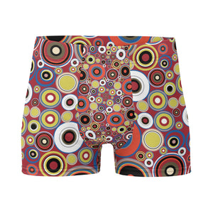 Luxury feel 60s mid-century modern retro style boxer briefs with a psychedelic groovy orange and yellow tones abstract circular shapes pattern design by BillingtonPix