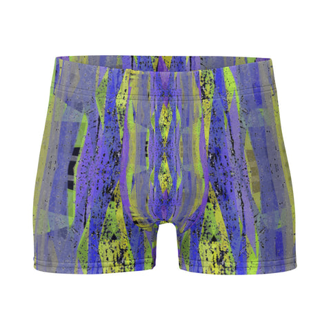 Luxury feel Navy Contemporary Retro Victorian Style Geometric Patterned male boxers with a groovy psychedelic navy, purple and yellow tones in the abstract surface pattern design by BillingtonPix