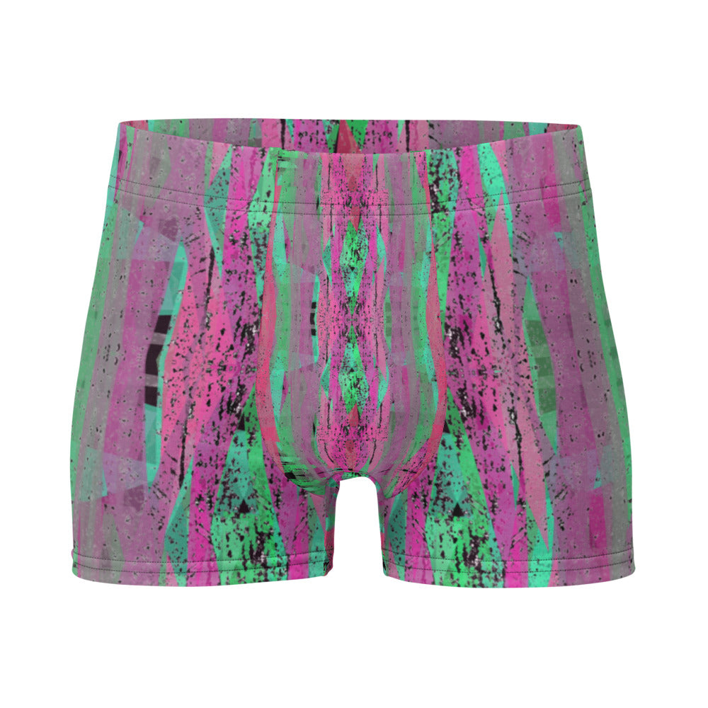 Luxury feel Crimson Contemporary Retro Victorian Style Geometric Patterned male boxers with a groovy psychedelic crimson, pink and green tones in the abstract surface pattern design by BillingtonPix