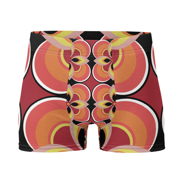 Luxury feel Orange 70s Style Geometric Floral Retro Mid Century Modern Patterned male boxers with a groovy psychedelic orange, yellow and burgundy tones in the retro surface pattern design by BillingtonPix