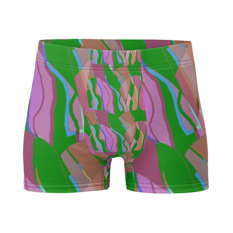 Luxury feel Green Contemporary Retro Abstract Victorian Style Patterned mens boxer briefs with a groovy psychedelic green, pink and orange tones in the retro surface pattern design by BillingtonPix