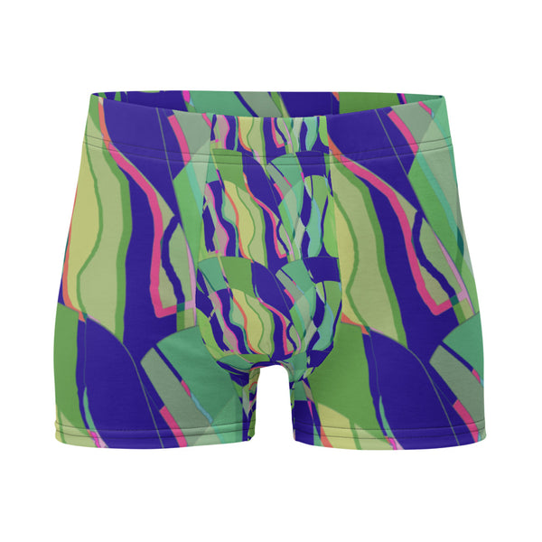 Luxury feel Navy Contemporary Retro Abstract Victorian Style Patterned mens boxer briefs with a groovy psychedelic navy, green and pink tones in the retro surface pattern design by BillingtonPix