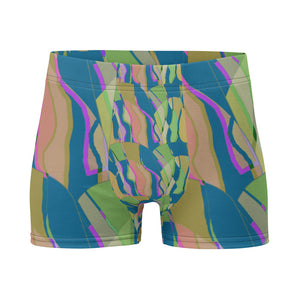 Luxury feel Taupe Contemporary Retro Abstract Victorian Style Patterned mens boxer briefs with a groovy psychedelic taupe, mustard and green tones in the retro surface pattern design by BillingtonPix