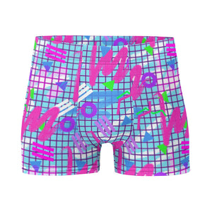 Colourful squiggles and geometric shapes in an 80s Memphis design and 90s Vaporwave style in pink, purple, green and blue, men's LGBT boxer briefs by BillingtonPix