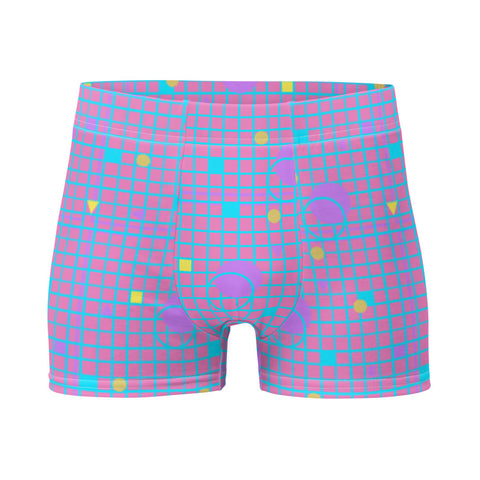 Harajuku geometric patterned men's boxers briefs in mauve, pink, blue and yellow, consisting of a grid background in mauve and pink and 80s Memphis design on these men's boxer briefs by BillingtonPix