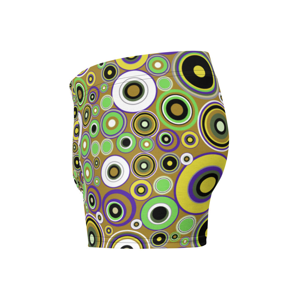 Luxury feel 60s mid-century modern retro style boxer briefs with a psychedelic groovy yellow and green tones abstract circular shapes pattern design by BillingtonPix