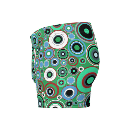 Luxury feel 60s mid-century modern retro style boxer briefs with a psychedelic groovy green and blue tones abstract circular shapes pattern design by BillingtonPix