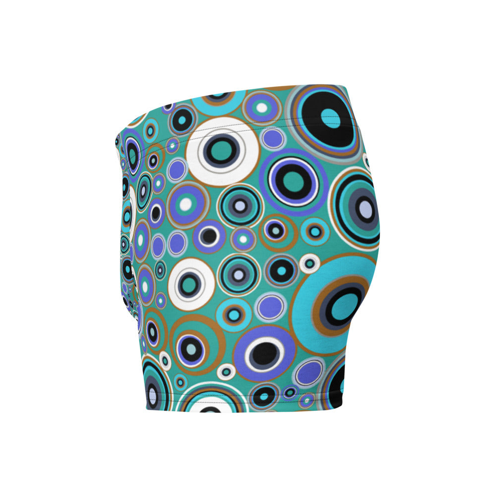 Luxury feel 60s mid-century modern retro style boxer briefs with a psychedelic groovy blue and taupe tones abstract circular shapes pattern design by BillingtonPix