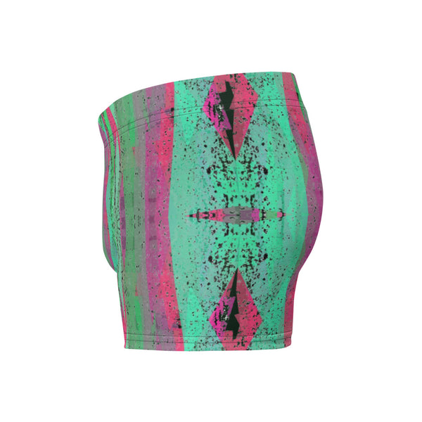 Luxury feel Pink Contemporary Retro Victorian Style Geometric Patterned male boxers with a groovy psychedelic green and pink tones in the abstract surface pattern design by BillingtonPix
