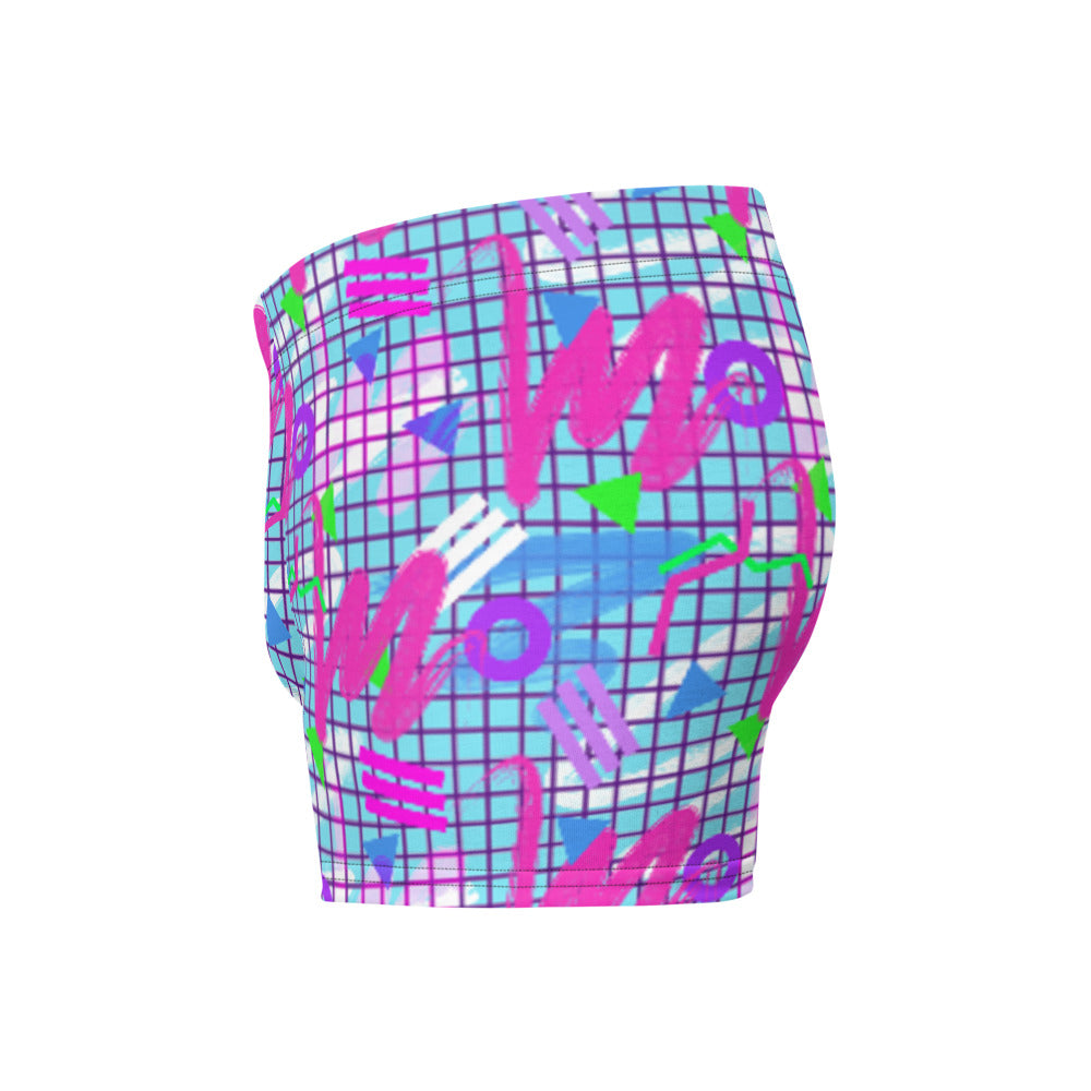 Colourful squiggles and geometric shapes in an 80s Memphis design and 90s Vaporwave style in pink, purple, green and blue, men's LGBT boxer briefs by BillingtonPix