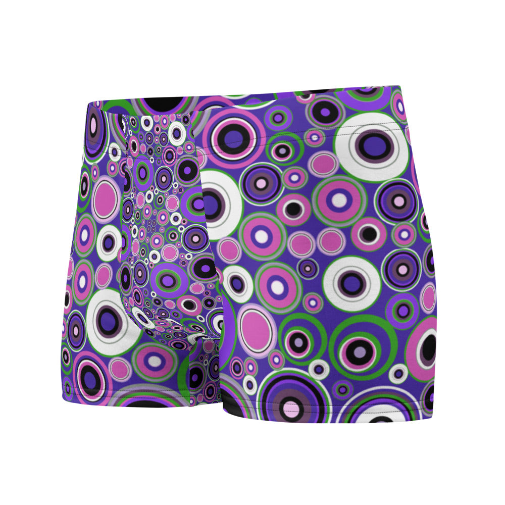 Luxury feel 60s mid-century modern retro style boxer briefs with a purple tones abstract circular shapes pattern design by BillingtonPix