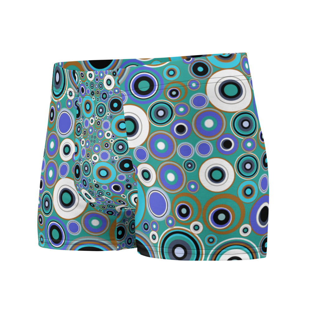 Luxury feel 60s mid-century modern retro style boxer briefs with a psychedelic groovy blue and taupe tones abstract circular shapes pattern design by BillingtonPix