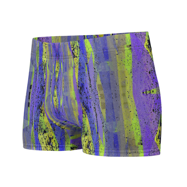 Luxury feel Navy Contemporary Retro Victorian Style Geometric Patterned male boxers with a groovy psychedelic navy, purple and yellow tones in the abstract surface pattern design by BillingtonPix