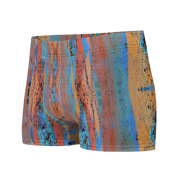 Luxury feel Orange Contemporary Retro Victorian Style Geometric Patterned male boxers with a groovy psychedelic orange, blue and taupe tones in the abstract surface pattern design by BillingtonPix