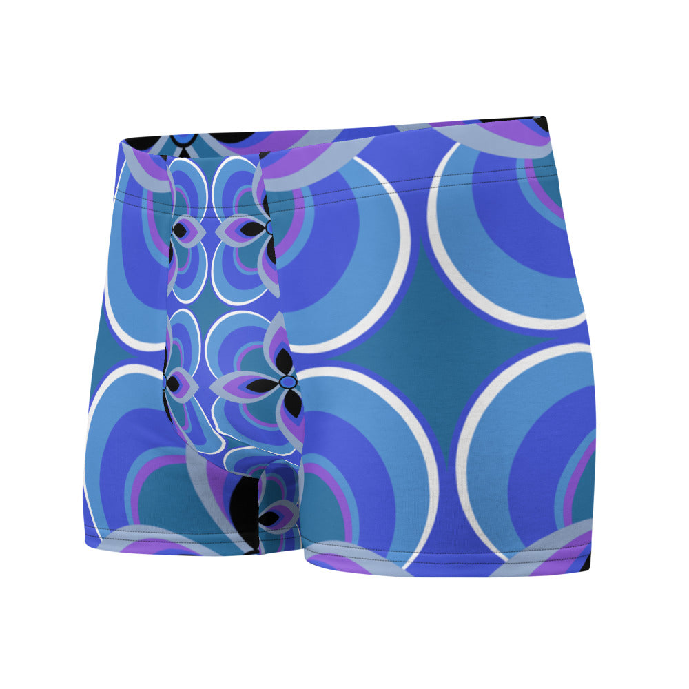 Luxury feel Blue 70s Style Geometric Floral Retro Mid Century Modern Patterned male boxers with a groovy psychedelic blue, purple and turquoise tones in the retro surface pattern design by BillingtonPix