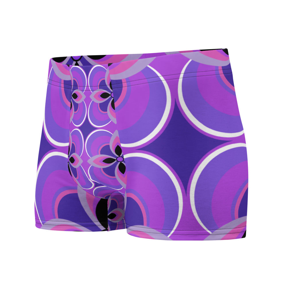 Luxury feel Purple 70s Style Geometric Floral Retro Mid Century Modern Patterned male boxers with a groovy psychedelic purple, mauve and pink tones in the retro surface pattern design by BillingtonPix