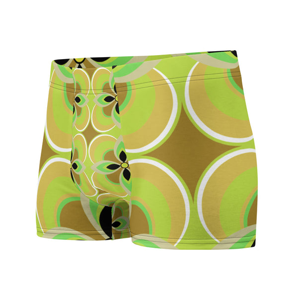 Luxury feel Purple 70s Style Geometric Floral Retro Mid Century Modern Patterned male boxers with a groovy psychedelic yellow, mustard and green tones in the retro surface pattern design by BillingtonPix