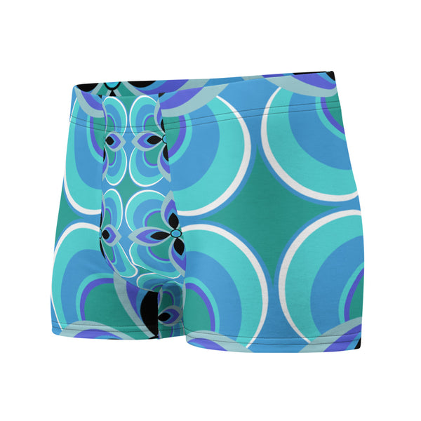 Luxury feel Blue 70s Style Geometric Floral Retro Mid Century Modern Patterned male boxers with a groovy psychedelic blue, turquoise and purple tones in the retro surface pattern design by BillingtonPix