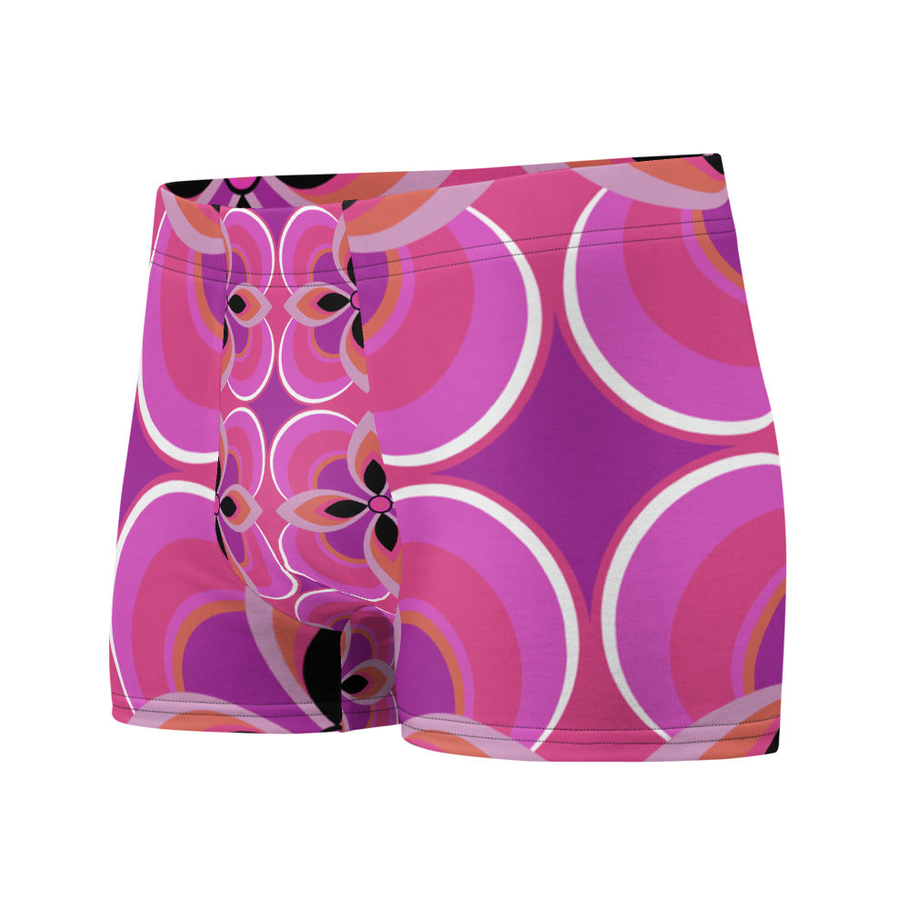 Luxury feel Blue 70s Style Geometric Floral Retro Mid Century Modern Patterned male boxers with a groovy psychedelic pink, orange and purple tones in the retro surface pattern design by BillingtonPix