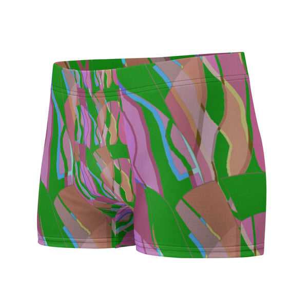 Luxury feel Green Contemporary Retro Abstract Victorian Style Patterned mens boxer briefs with a groovy psychedelic green, pink and orange tones in the retro surface pattern design by BillingtonPix