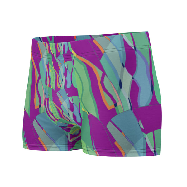 Luxury feel Purple Contemporary Retro Abstract Victorian Style Patterned mens boxer briefs with a groovy psychedelic purple, green and blue tones in the retro surface pattern design by BillingtonPix