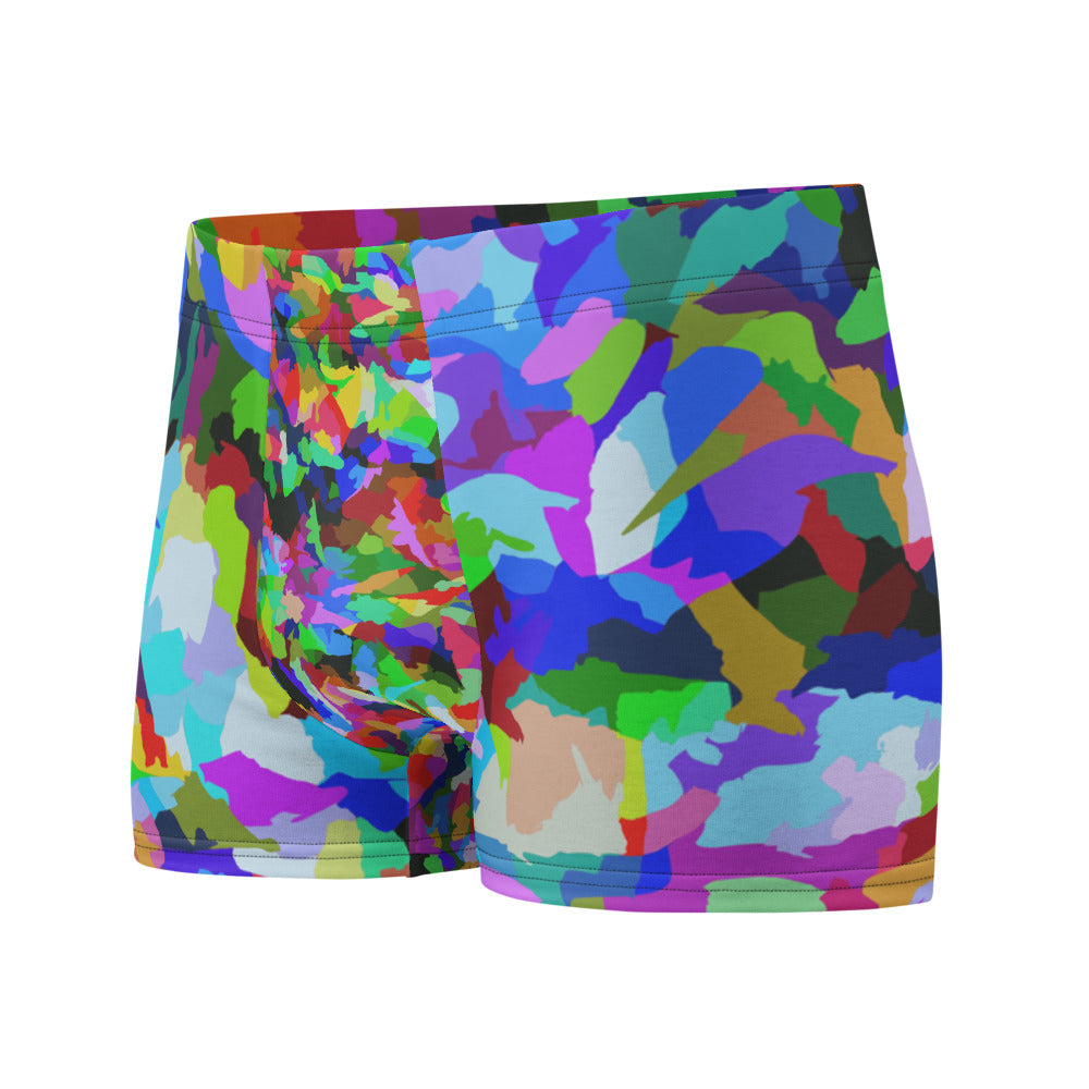 LGBT style men's all over abstract rainbow patterned boxer briefs underwear in an abstract multicoloured pattern