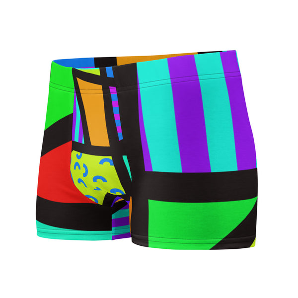 Colourful and vibrant retro 80s Memphis style men's boxer briefs with bold geometric stripes, circles and other shapes by BillingtonPix