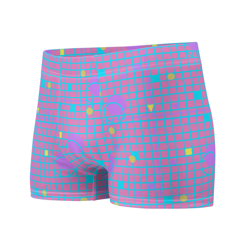 Harajuku geometric patterned men's boxers briefs in mauve, pink, blue and yellow, consisting of a grid background in mauve and pink and 80s Memphis design on these men's boxer briefs by BillingtonPix